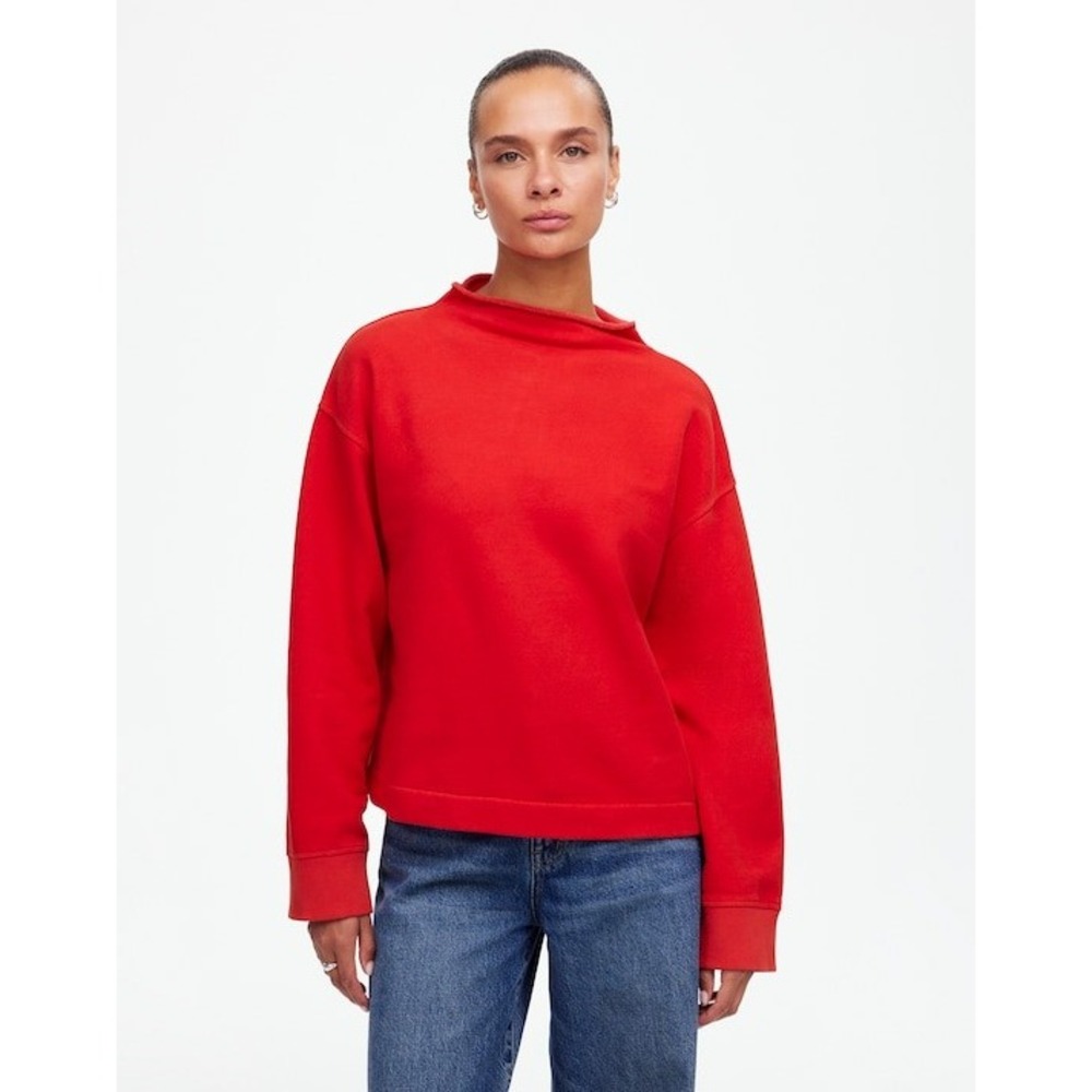 Madewell Sweatshirt Long-Sleeve Roll Funnel-Neck Medium Bright Cherry Red Fleece